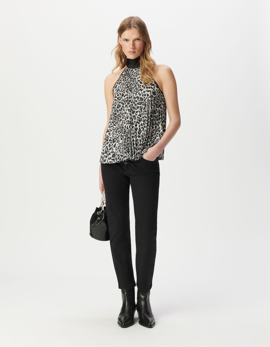 graues damen-top aus recyceltem polyester mit pantherprint