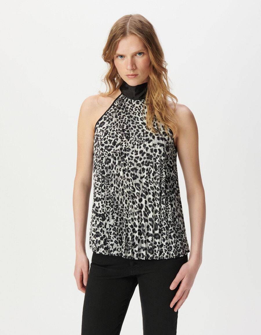 graues damen-top aus recyceltem polyester mit pantherprint