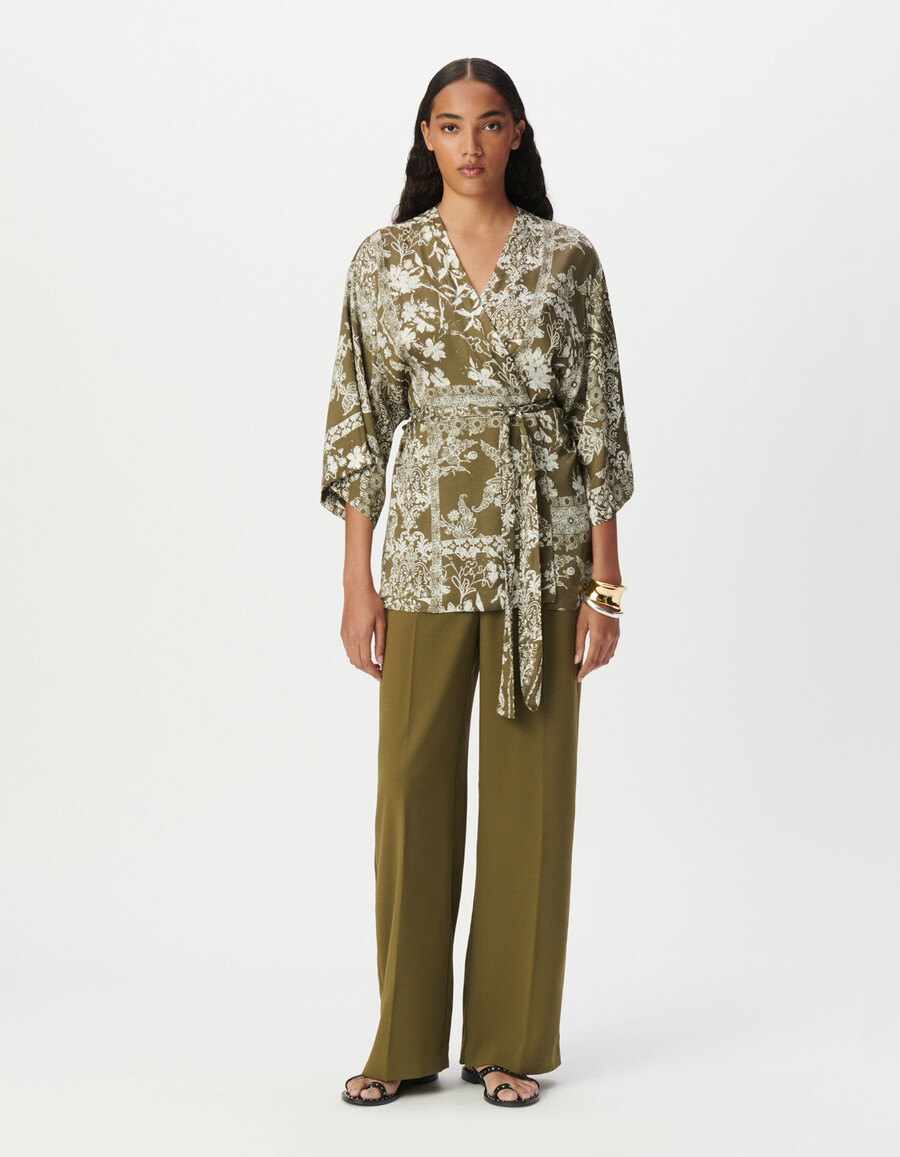 damen-kimonohemd in khaki mit schalprint