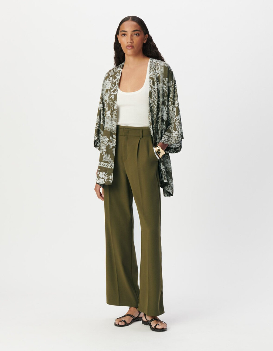 damen-kimonohemd in khaki mit schalprint