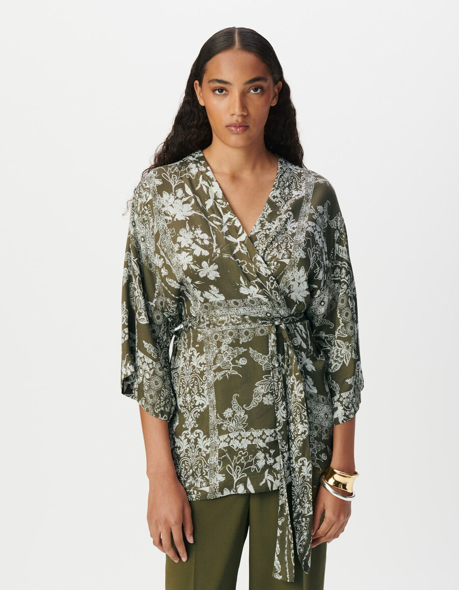 damen-kimonohemd in khaki mit schalprint