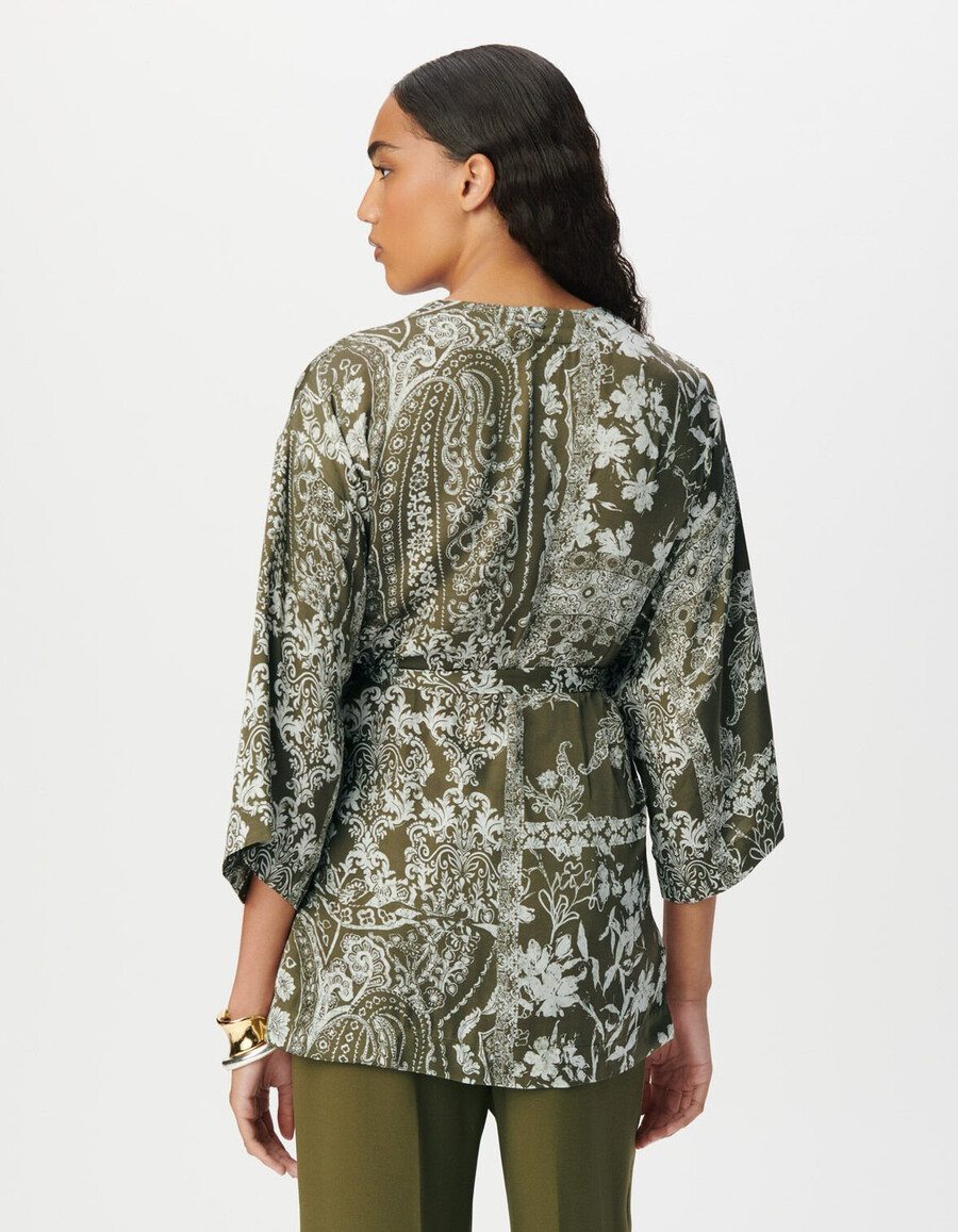 damen-kimonohemd in khaki mit schalprint
