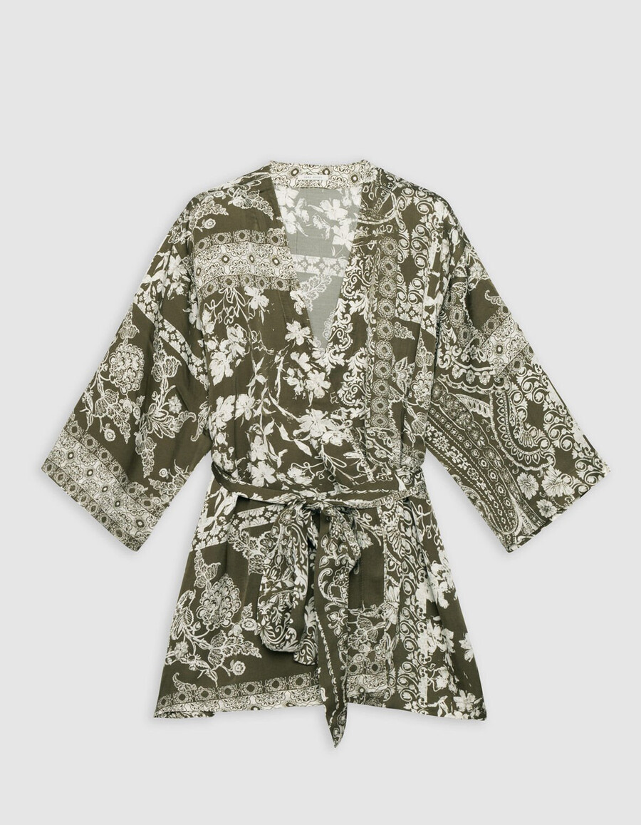 damen-kimonohemd in khaki mit schalprint
