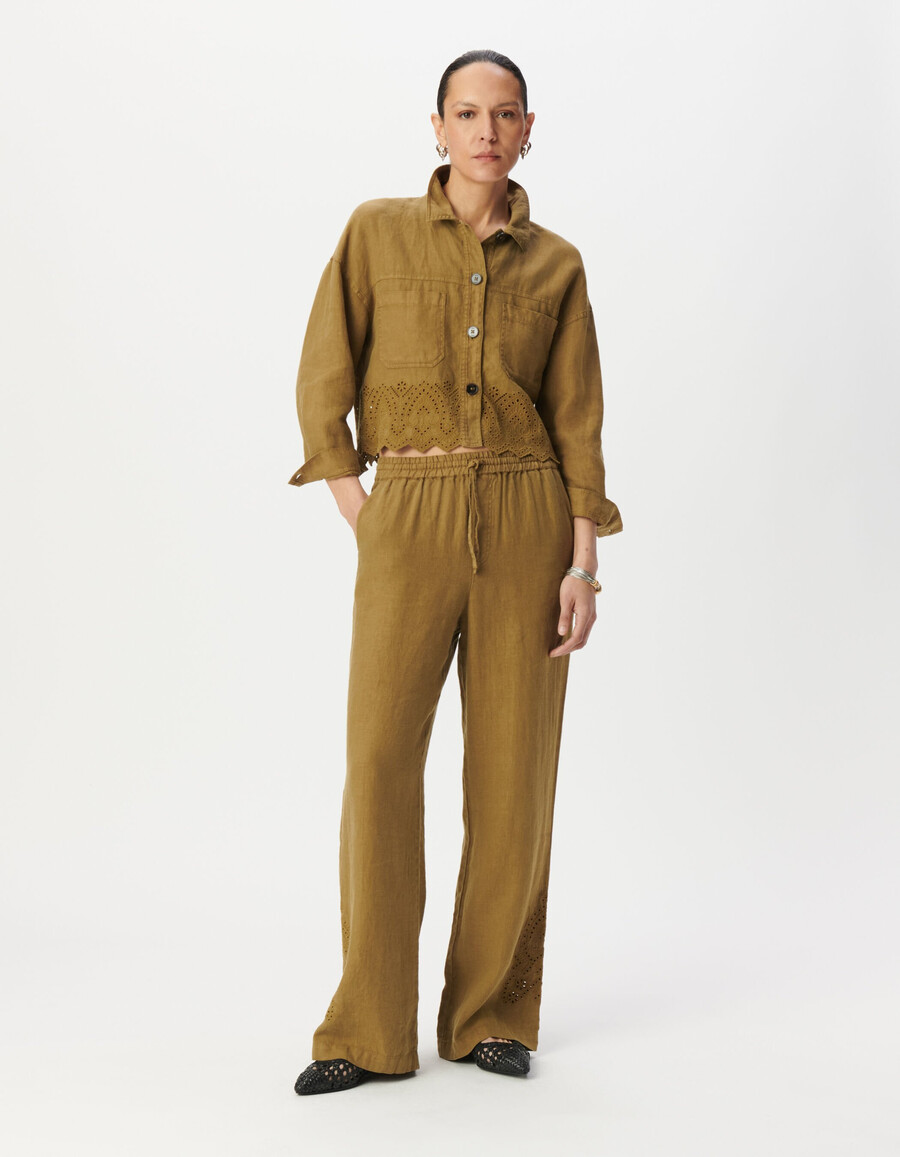 damen-kurzhemd aus besticktem leinen in khaki