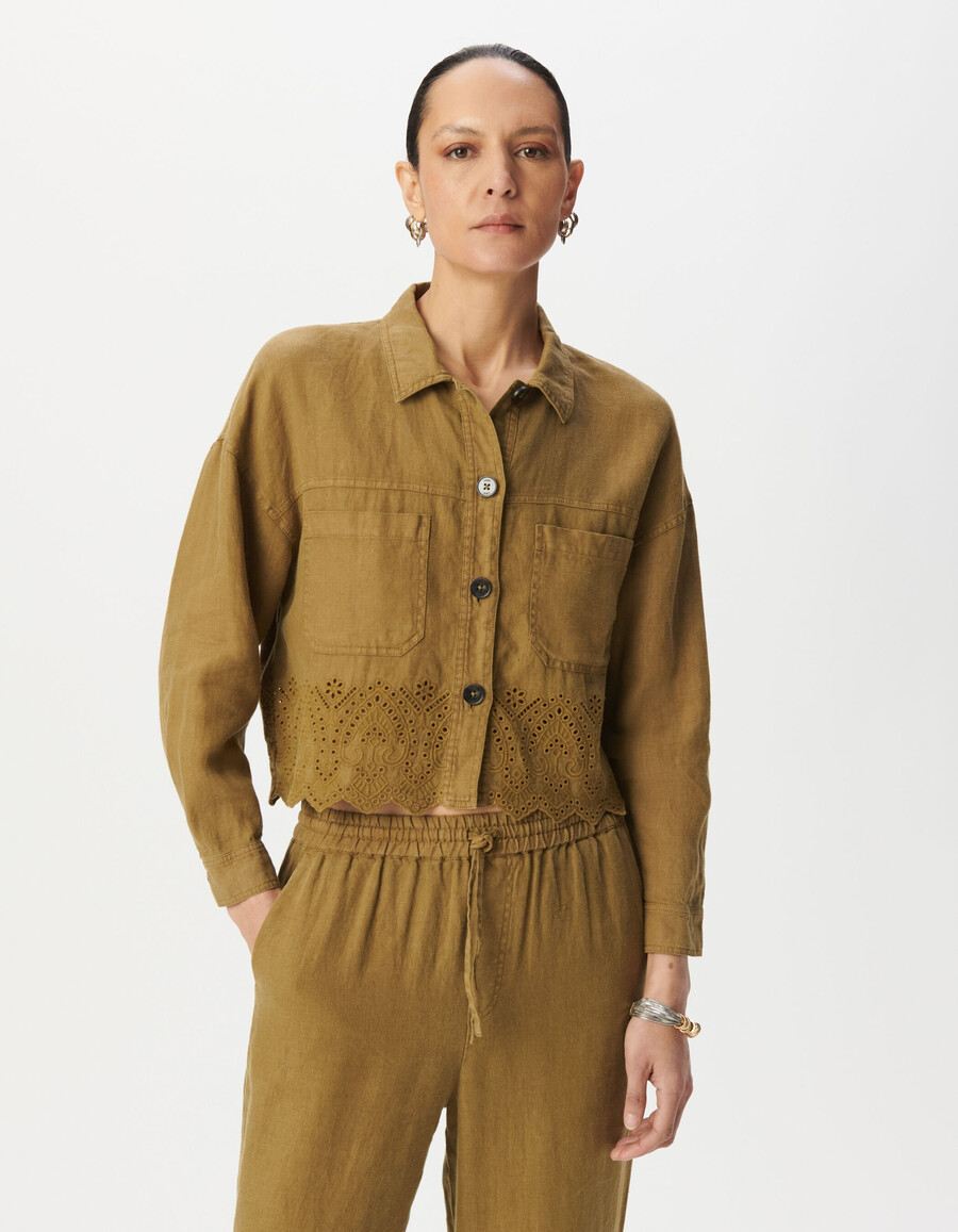 damen-kurzhemd aus besticktem leinen in khaki