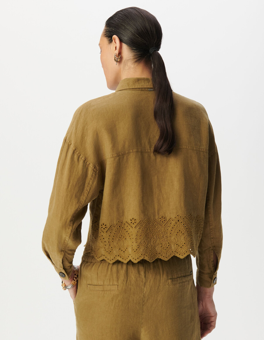 damen-kurzhemd aus besticktem leinen in khaki