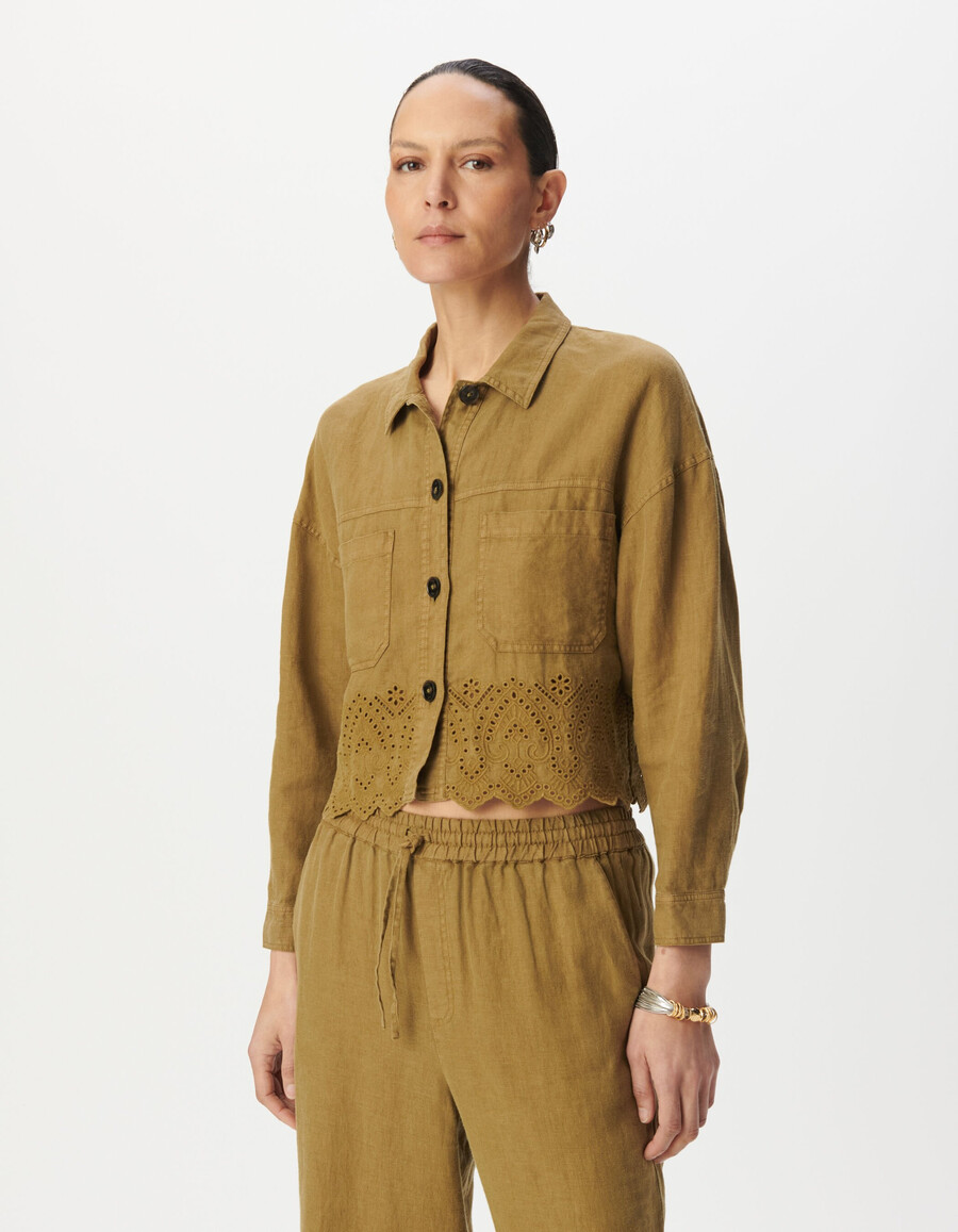 damen-kurzhemd aus besticktem leinen in khaki