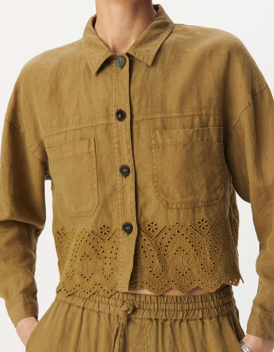 damen-kurzhemd aus besticktem leinen in khaki