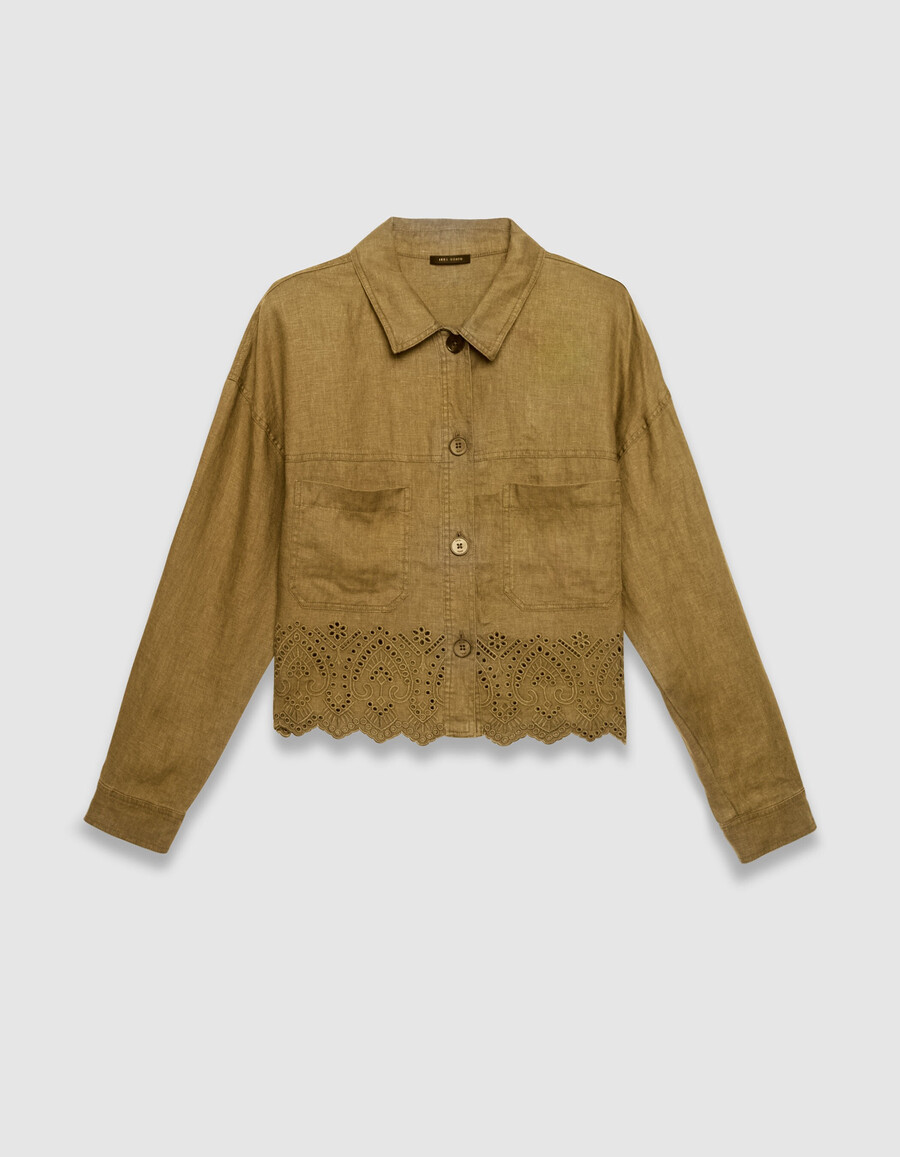 damen-kurzhemd aus besticktem leinen in khaki