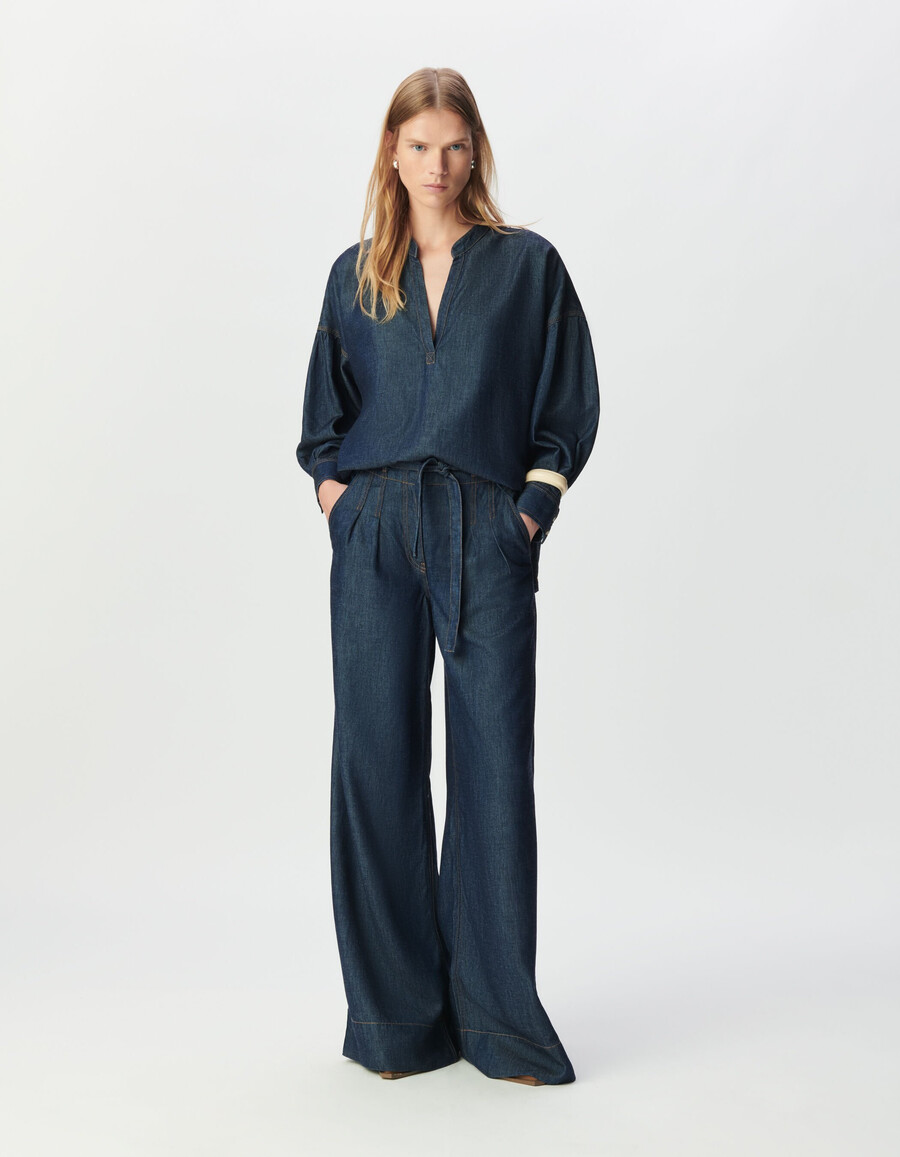 damenbluse aus rohem blauem lyocell in übergröße
