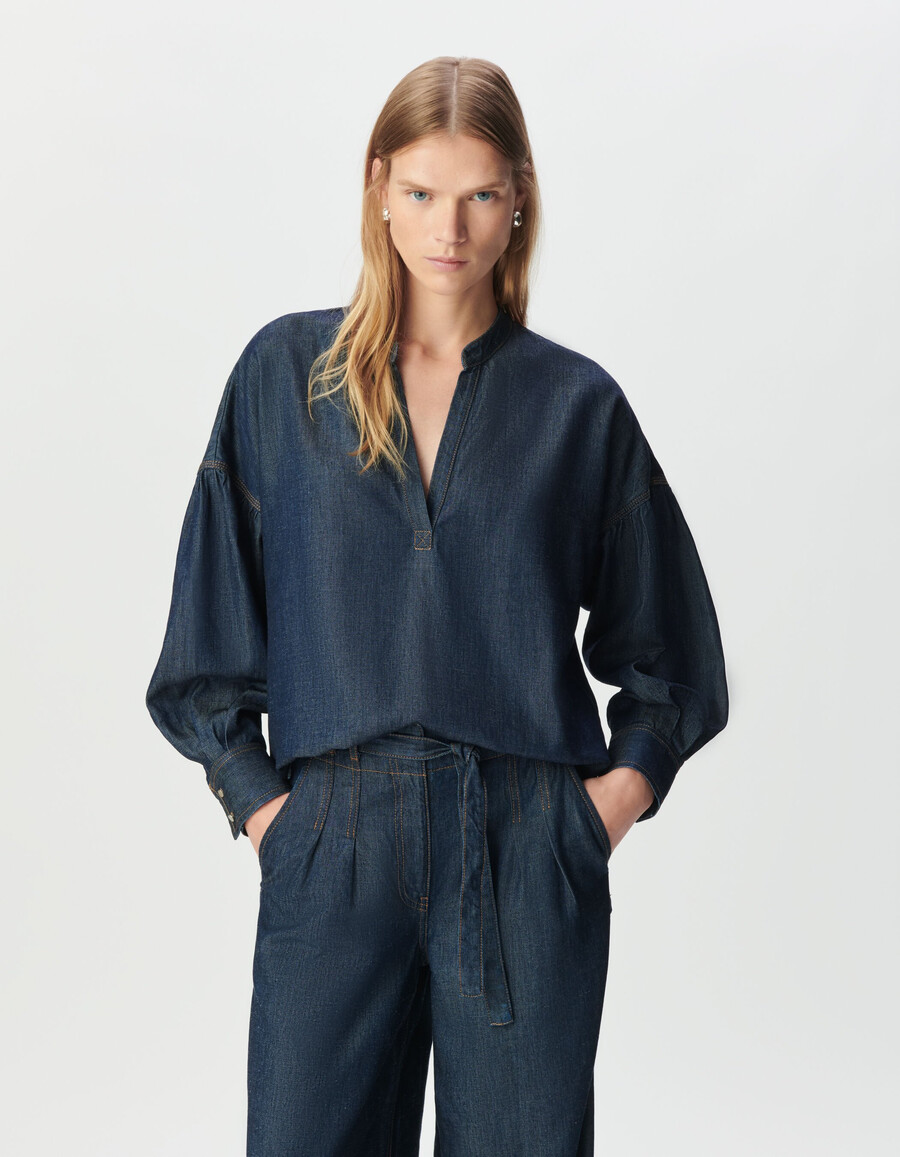 damenbluse aus rohem blauem lyocell in übergröße