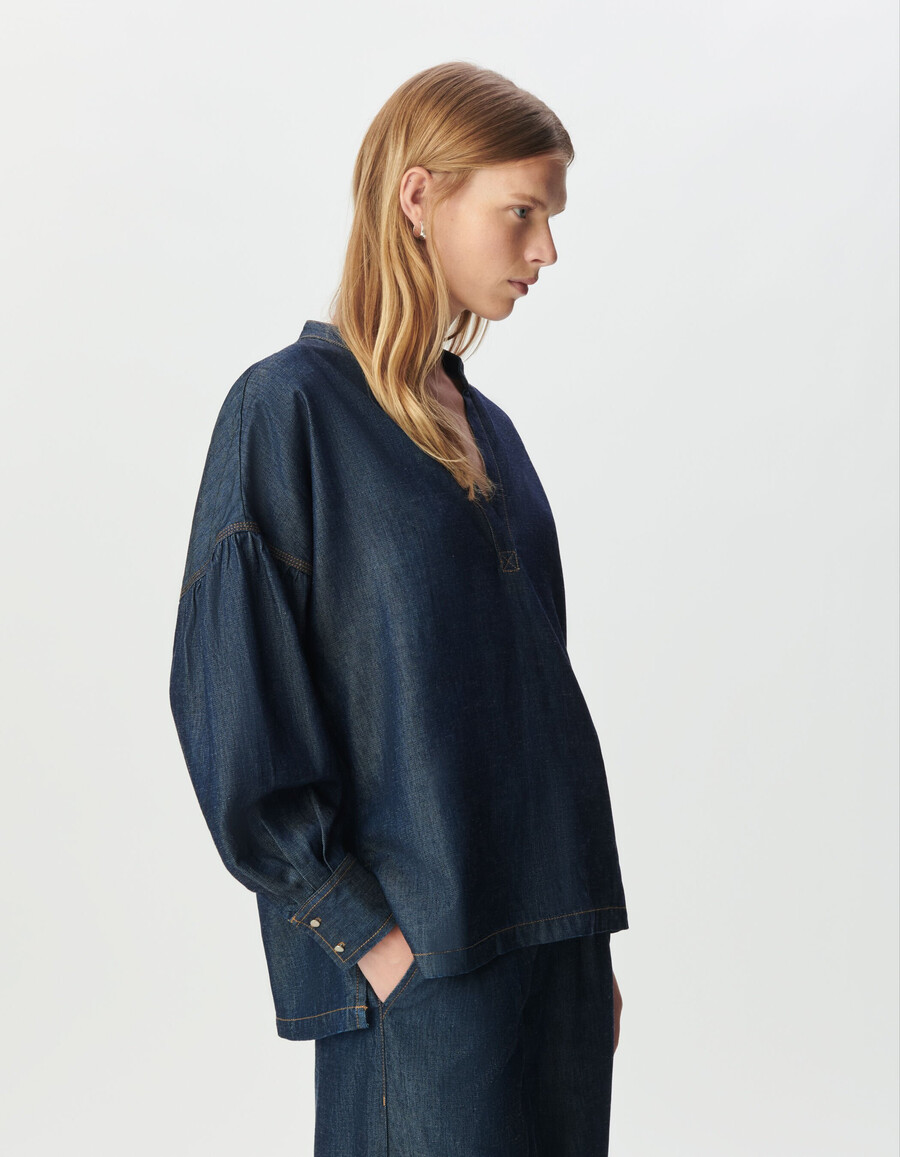 damenbluse aus rohem blauem lyocell in übergröße