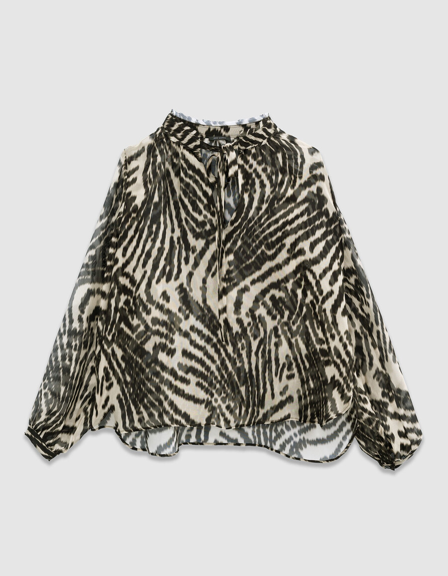 schwarze damenbluse mit zebramuster und halsbinde