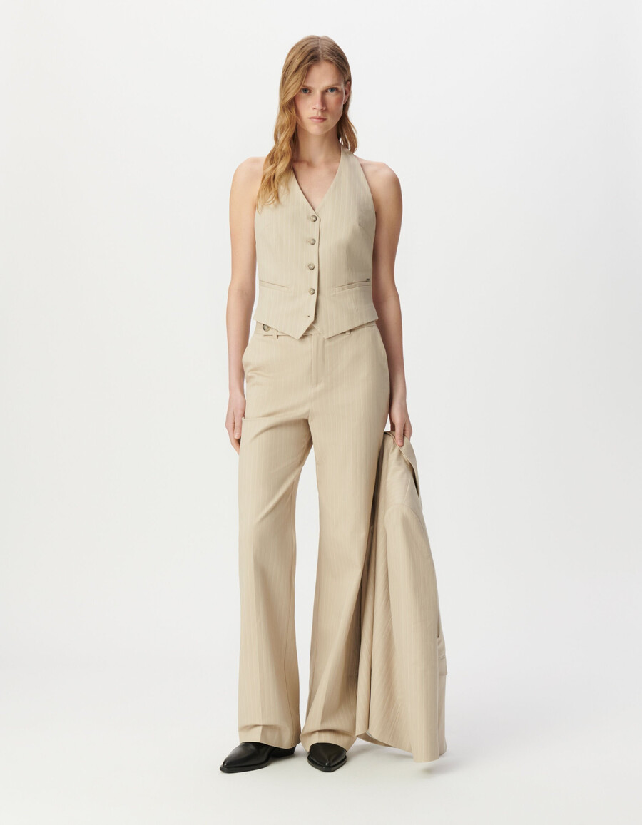 beige nadelstreifen-anzugweste mit offenem rücken für damen