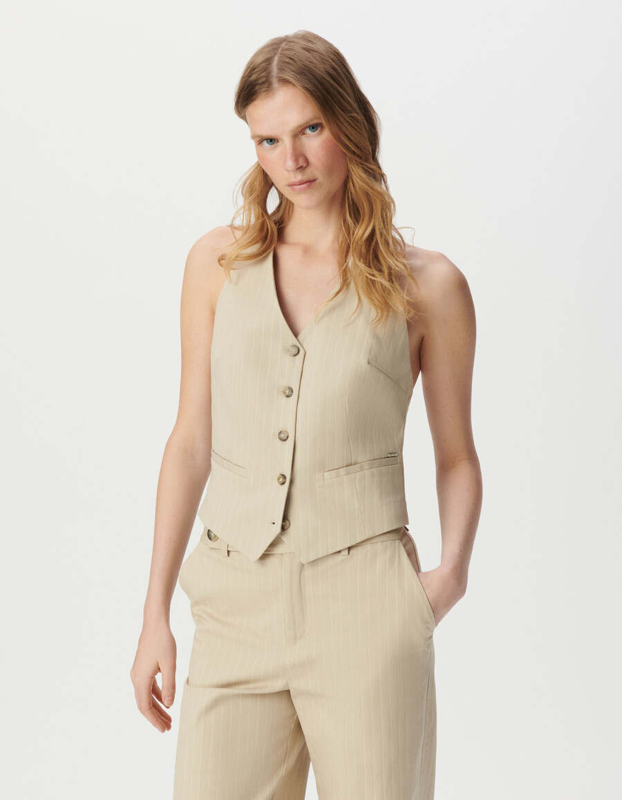 beige nadelstreifen-anzugweste mit offenem rücken für damen