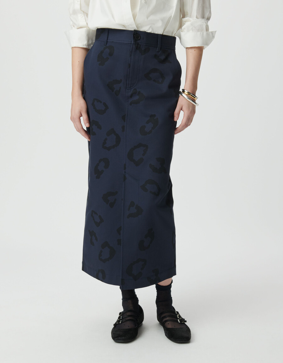 damen-bleistiftrock in marineblau mit jaguar-print