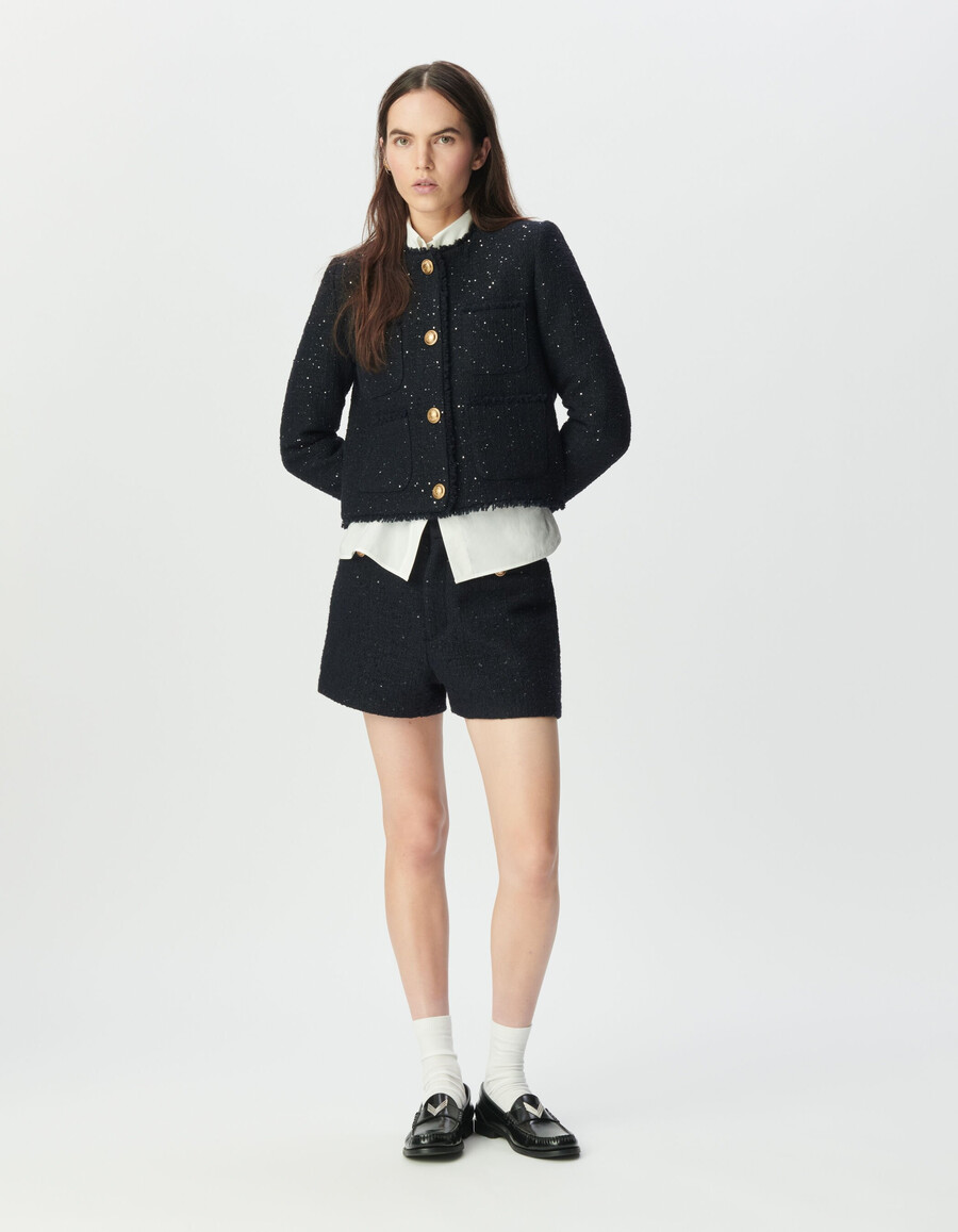 kurze damenjacke im tweed-stil in marineblau mit paillettenstickerei