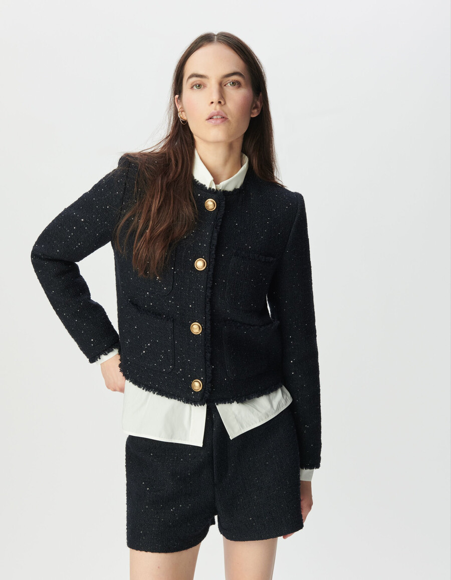 kurze damenjacke im tweed-stil in marineblau mit paillettenstickerei