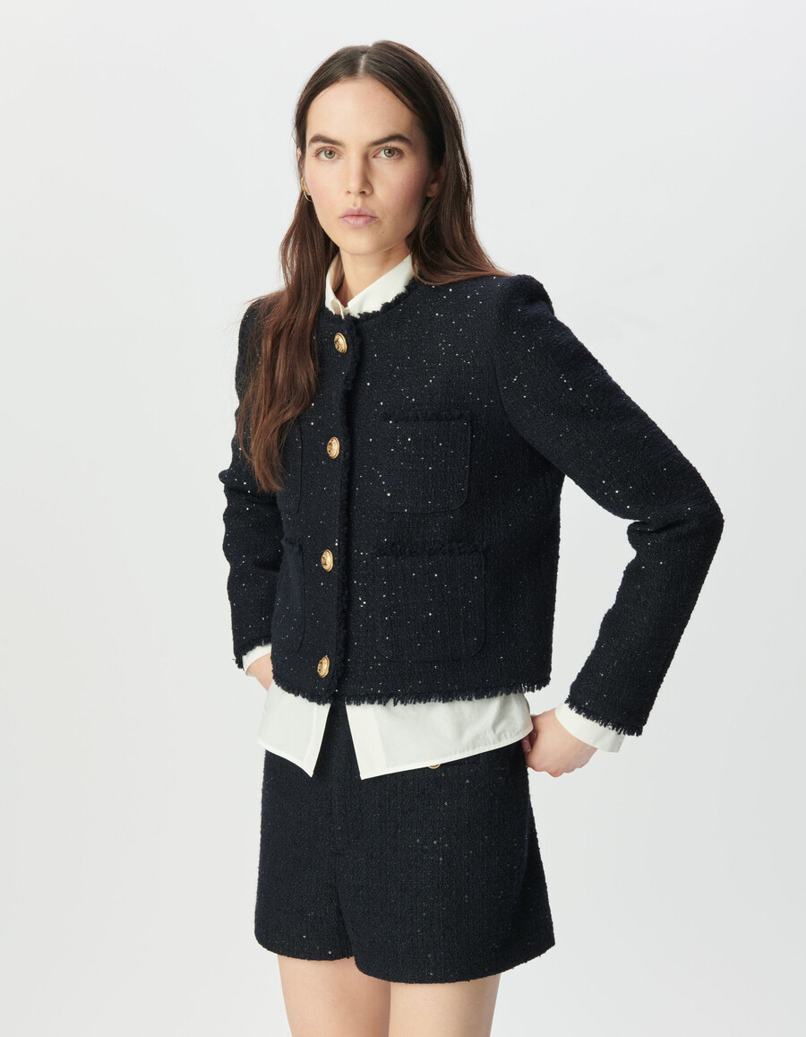 kurze damenjacke im tweed-stil in marineblau mit paillettenstickerei