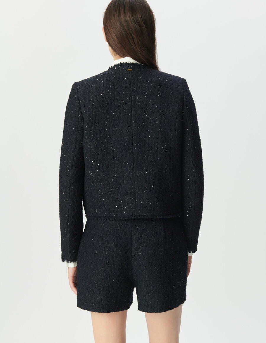 kurze damenjacke im tweed-stil in marineblau mit paillettenstickerei