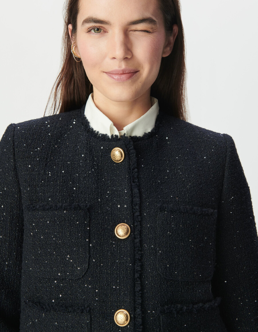 kurze damenjacke im tweed-stil in marineblau mit paillettenstickerei
