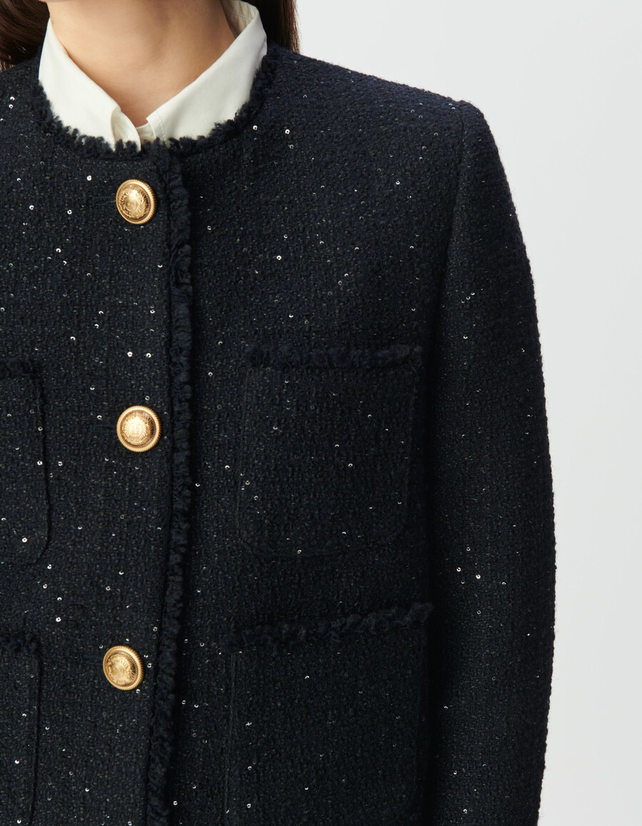 kurze damenjacke im tweed-stil in marineblau mit paillettenstickerei
