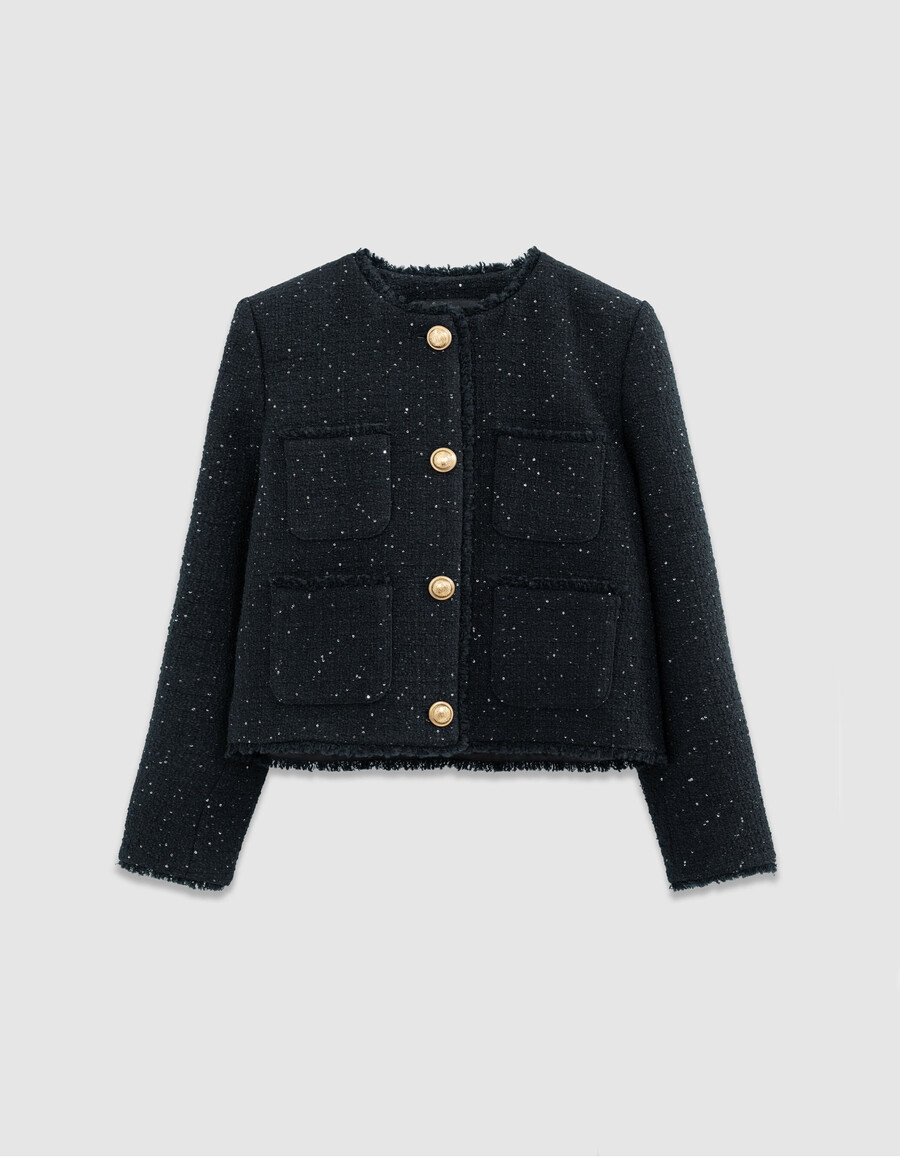 kurze damenjacke im tweed-stil in marineblau mit paillettenstickerei