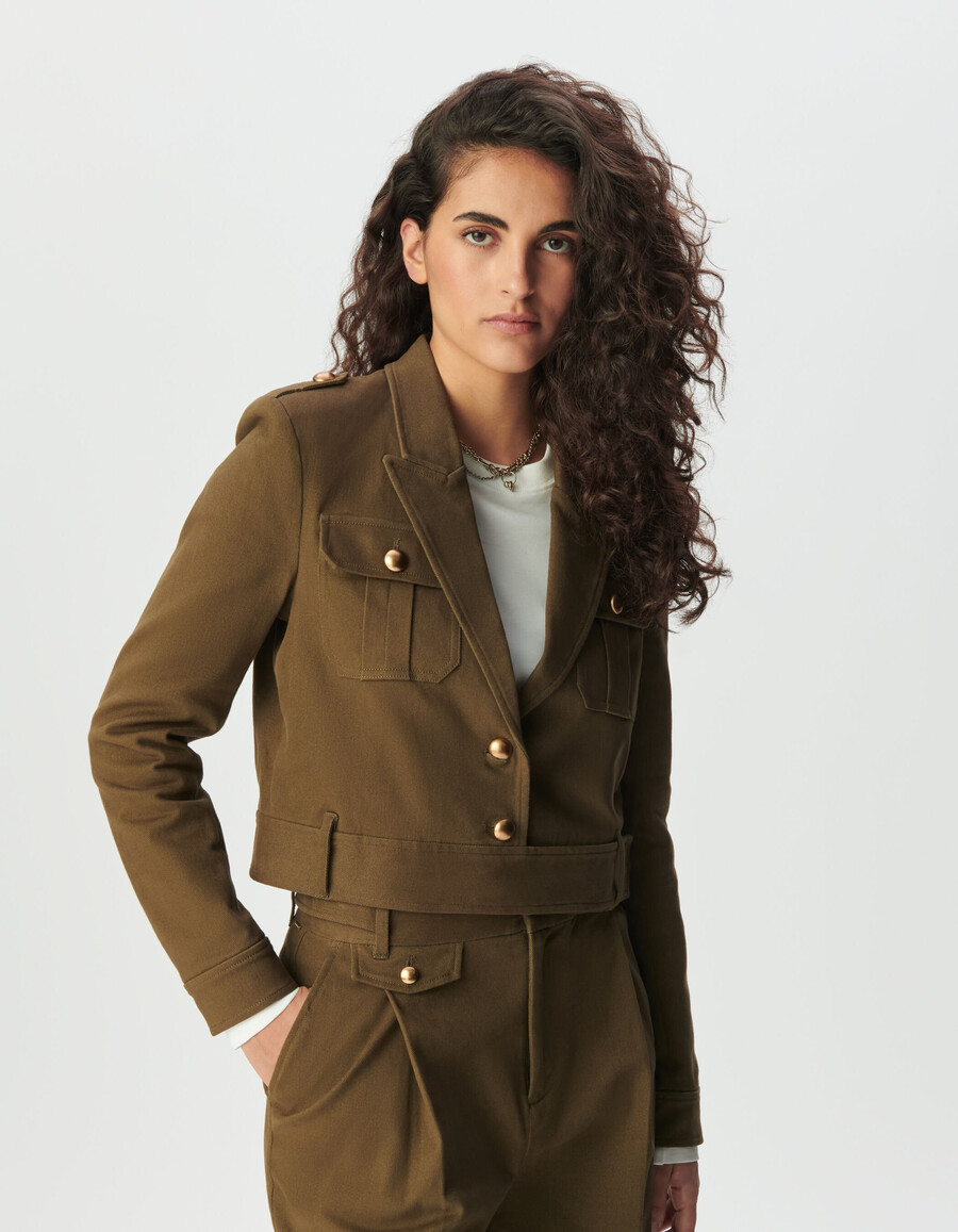 damen-kurzjacke aus khakifarbenem gabardine