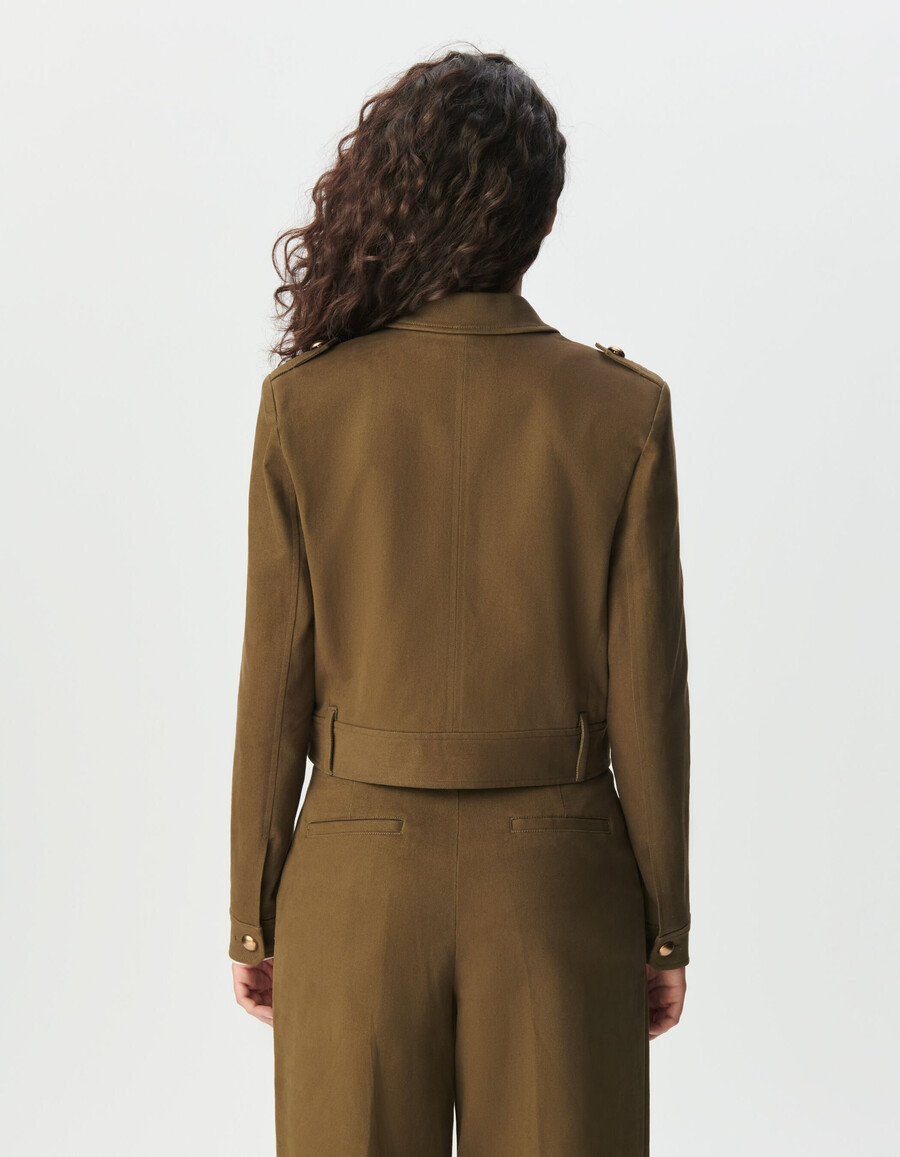 damen-kurzjacke aus khakifarbenem gabardine