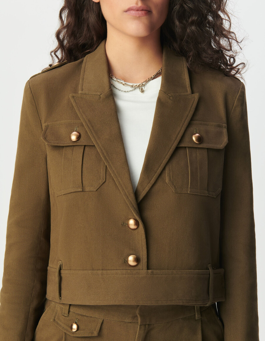 damen-kurzjacke aus khakifarbenem gabardine