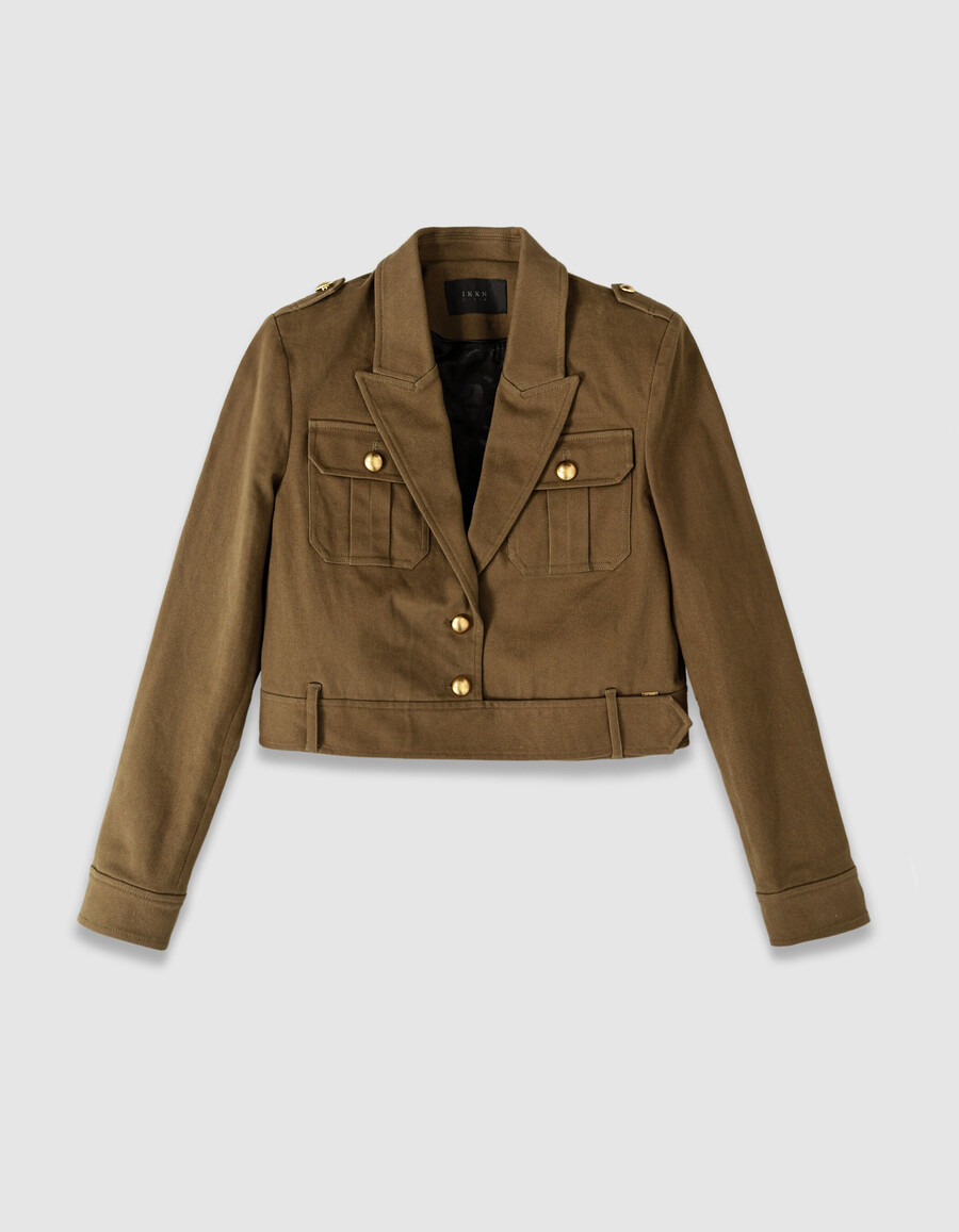 damen-kurzjacke aus khakifarbenem gabardine