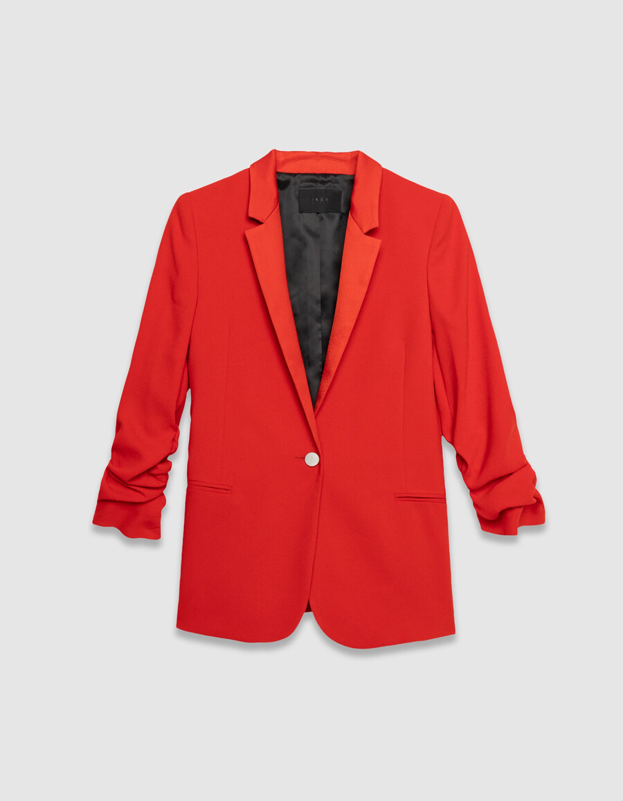 rote damen-blazerjacke mit gerafften ärmeln