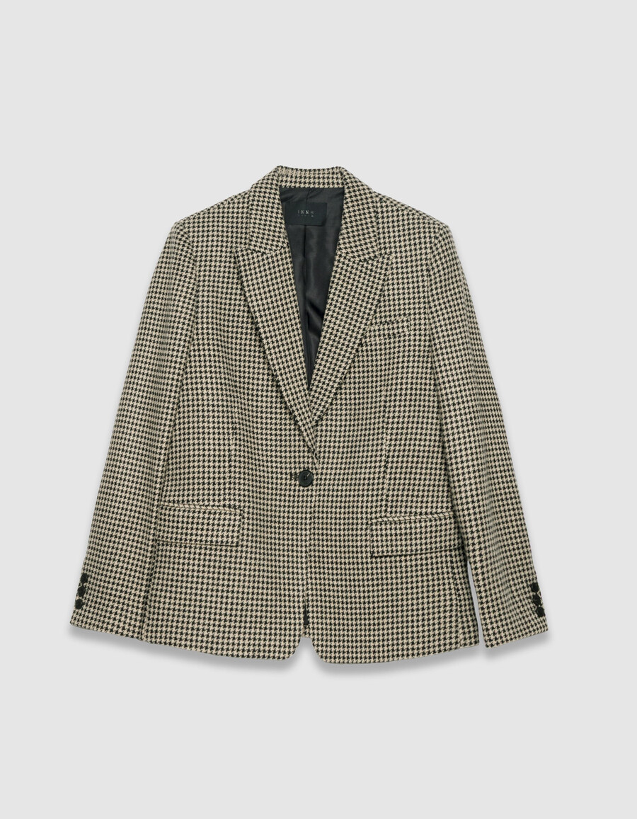 beigefarbener damen-anzugsblazer mit hahnentrittmuster