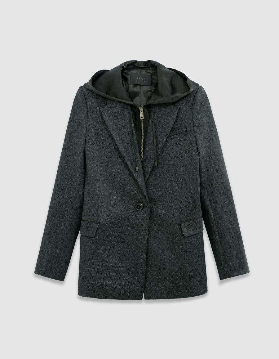 grauer damen-anzugsblazer mit fischgrätmuster und besatz