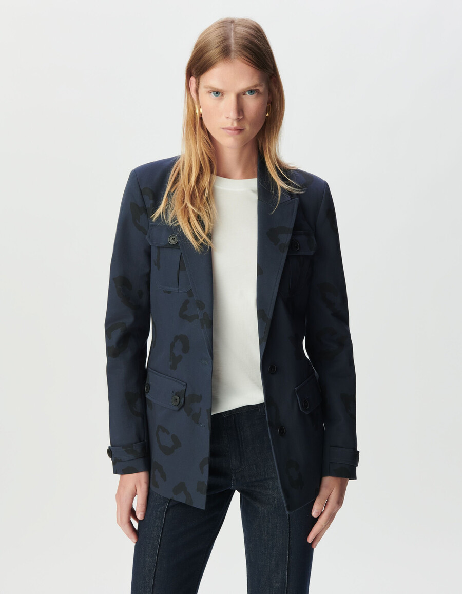 damen-safarijacke in marineblau mit jaguar-print