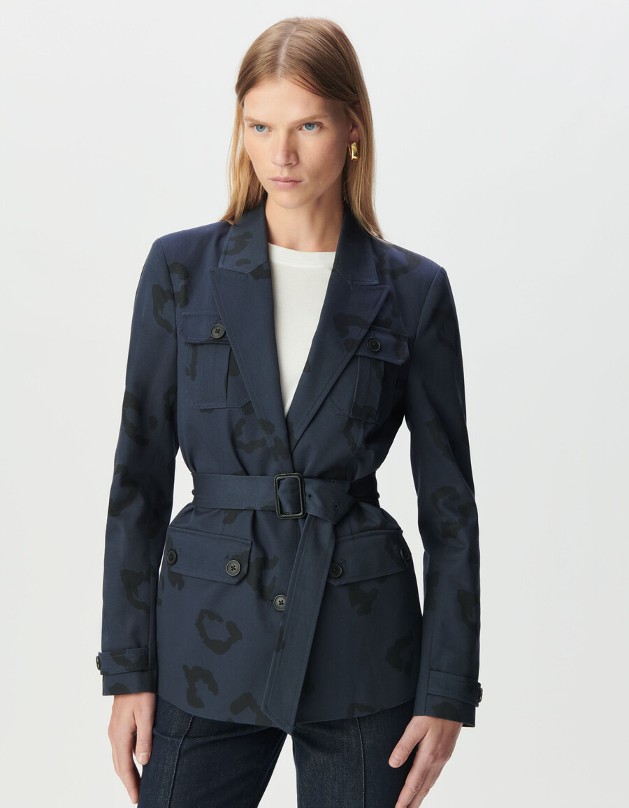 damen-safarijacke in marineblau mit jaguar-print