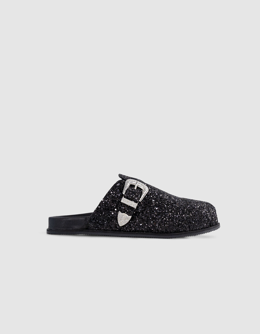 schwarze clogs mit mikropailletten und westernschnalle für damen