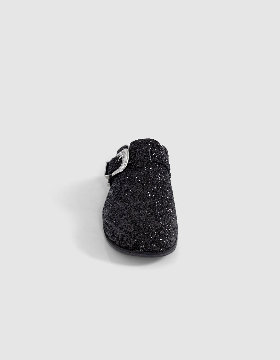 schwarze clogs mit mikropailletten und westernschnalle für damen
