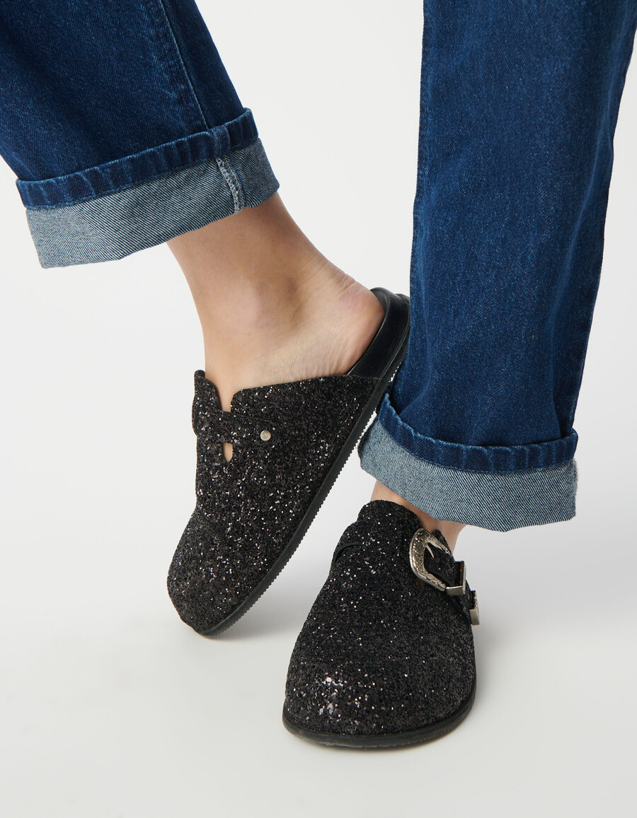 schwarze clogs mit mikropailletten und westernschnalle für damen