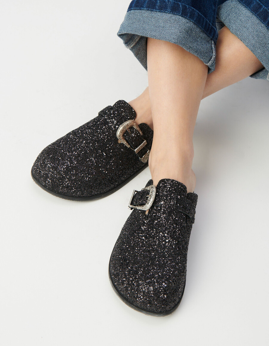 schwarze clogs mit mikropailletten und westernschnalle für damen