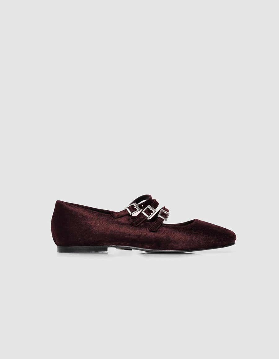damen-ballerinas aus burgunderrotem leder in pony-optik 3 schnallen