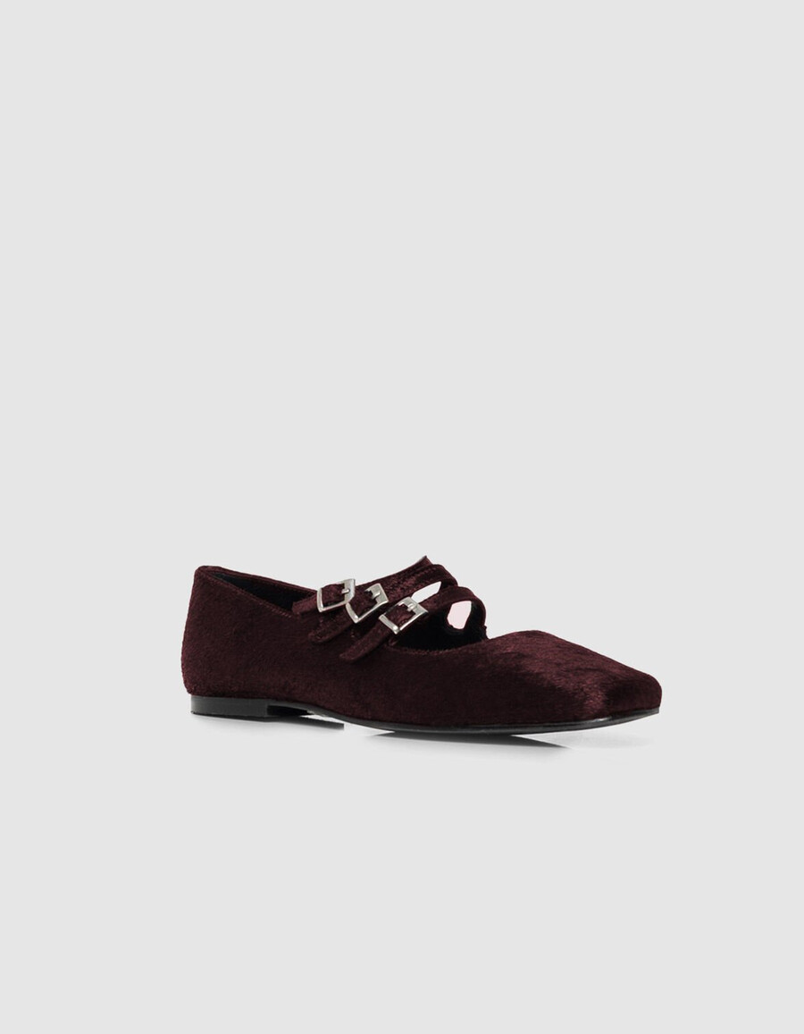 damen-ballerinas aus burgunderrotem leder in pony-optik 3 schnallen