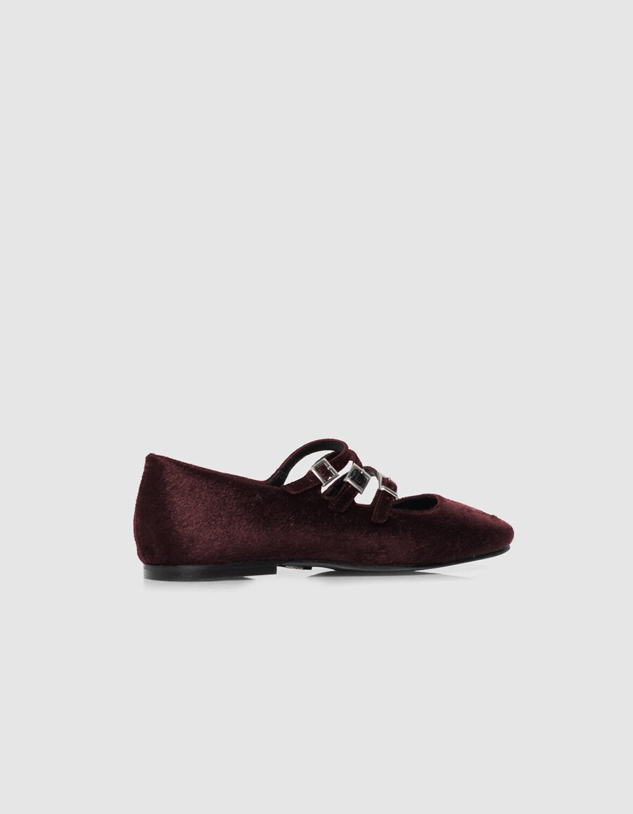damen-ballerinas aus burgunderrotem leder in pony-optik 3 schnallen
