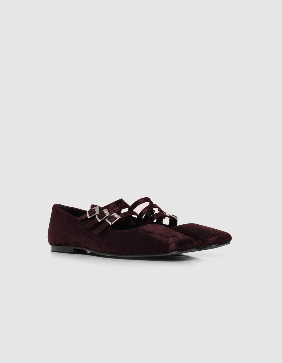 damen-ballerinas aus burgunderrotem leder in pony-optik 3 schnallen