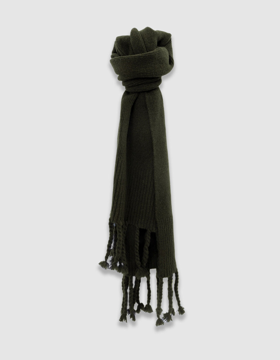 damen-strickschal mit fransen in khaki