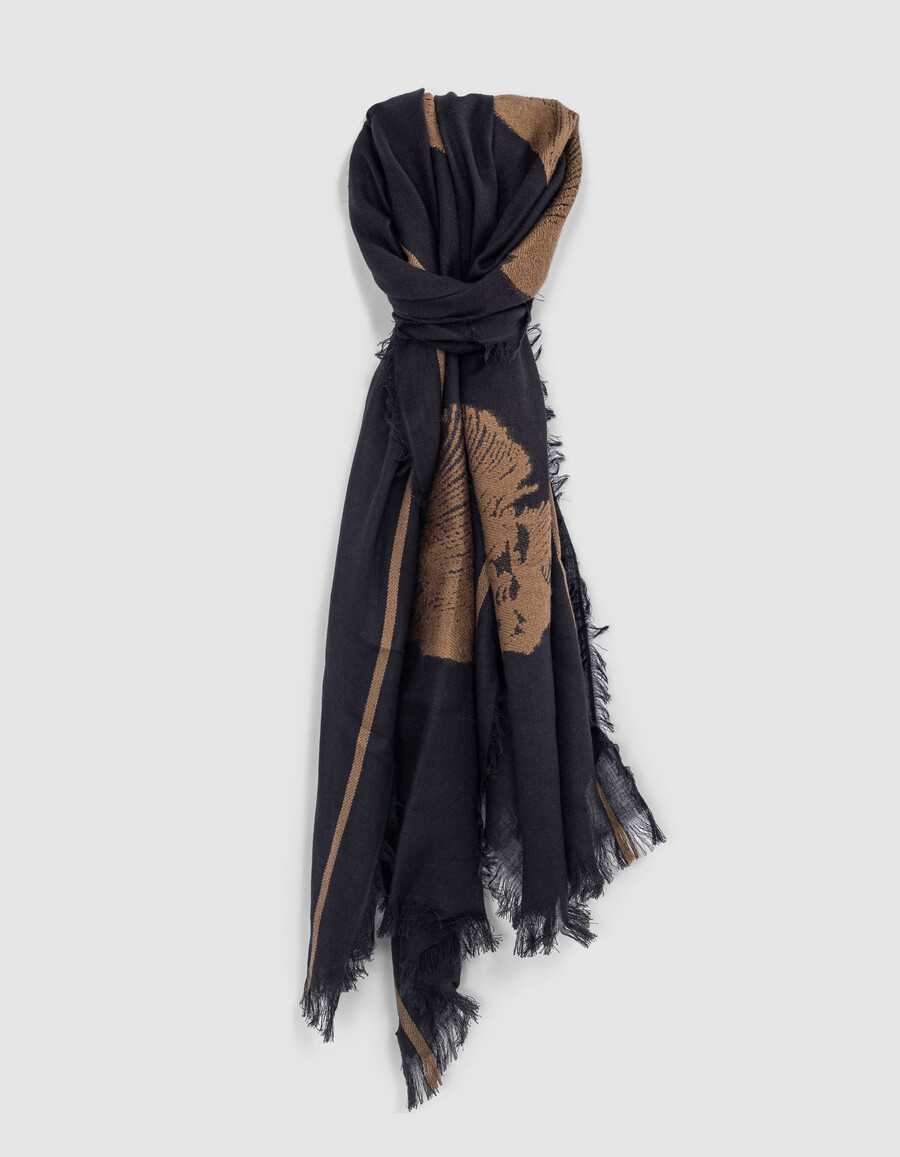 schwarzer jacquard-schal mit totenkopfmuster kamel damen