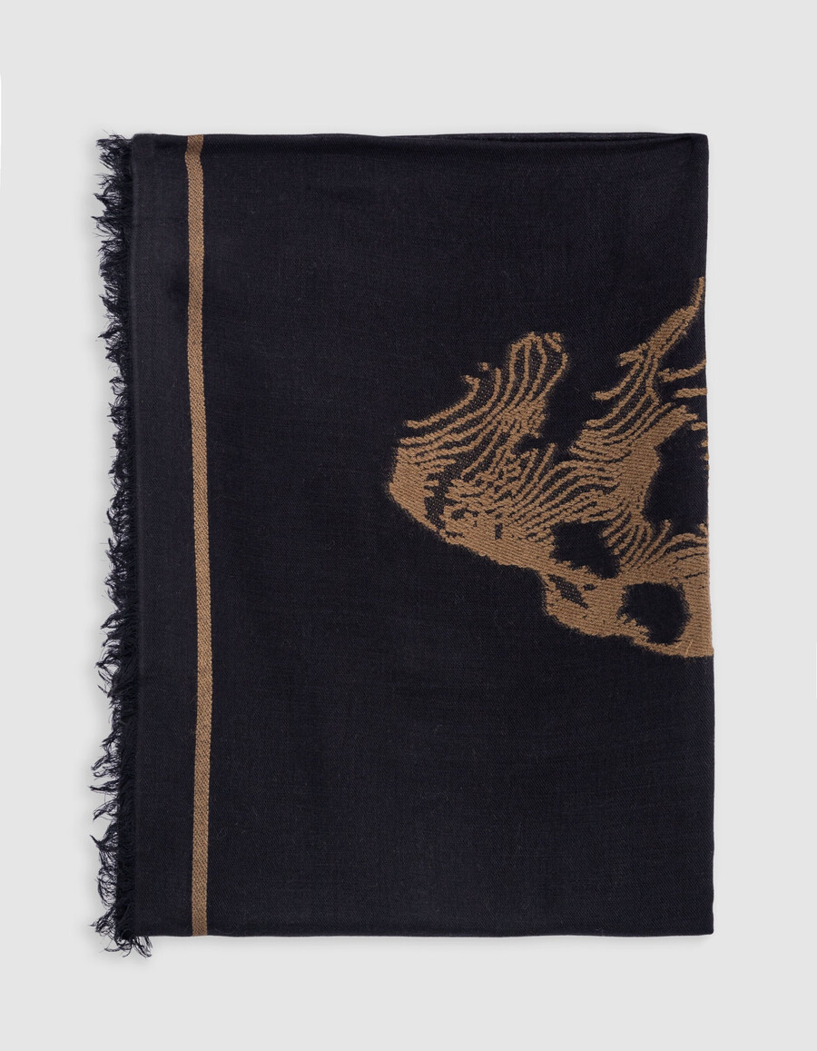 schwarzer jacquard-schal mit totenkopfmuster kamel damen
