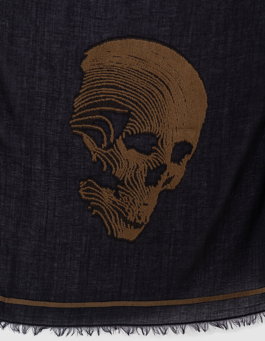 schwarzer jacquard-schal mit totenkopfmuster kamel damen
