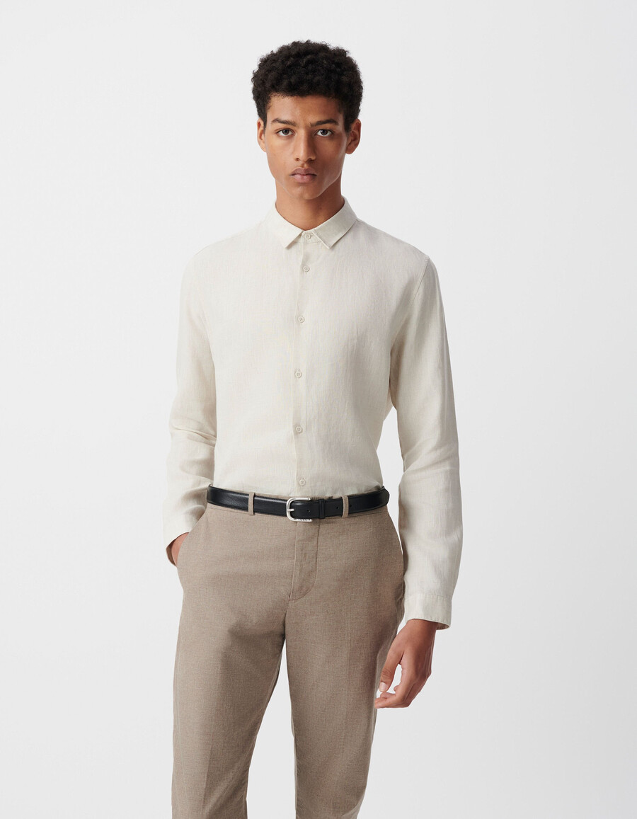 beige leinenhemd für herren schmal geschnitten