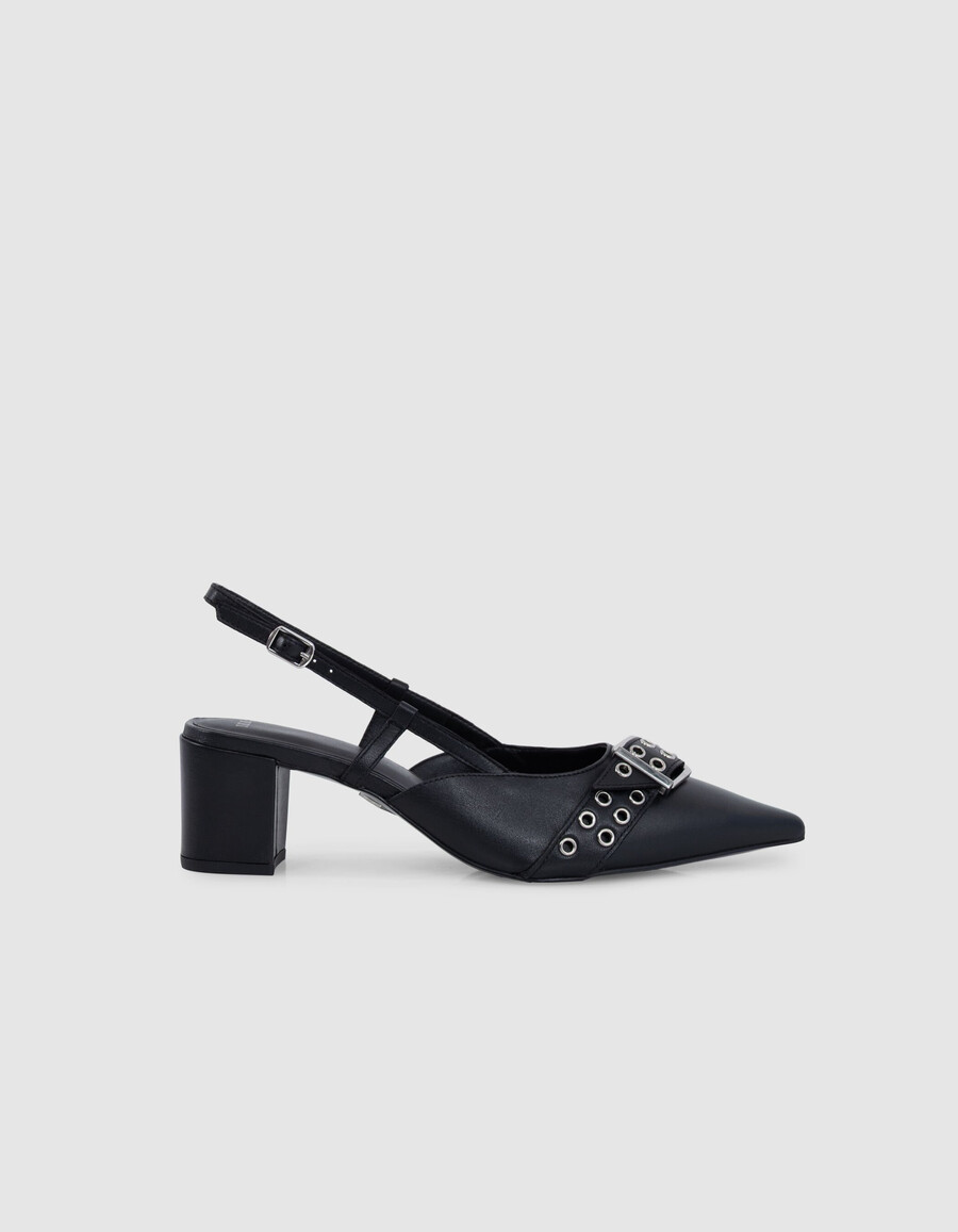 schwarze damen-slingback-pumps aus leder mit ösen